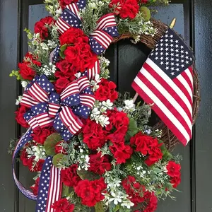 Patriotic Flower Wreath, 18-Inch Independence Day Wreath with American Flag, Front Door Decoration, Perfect for Celebrations