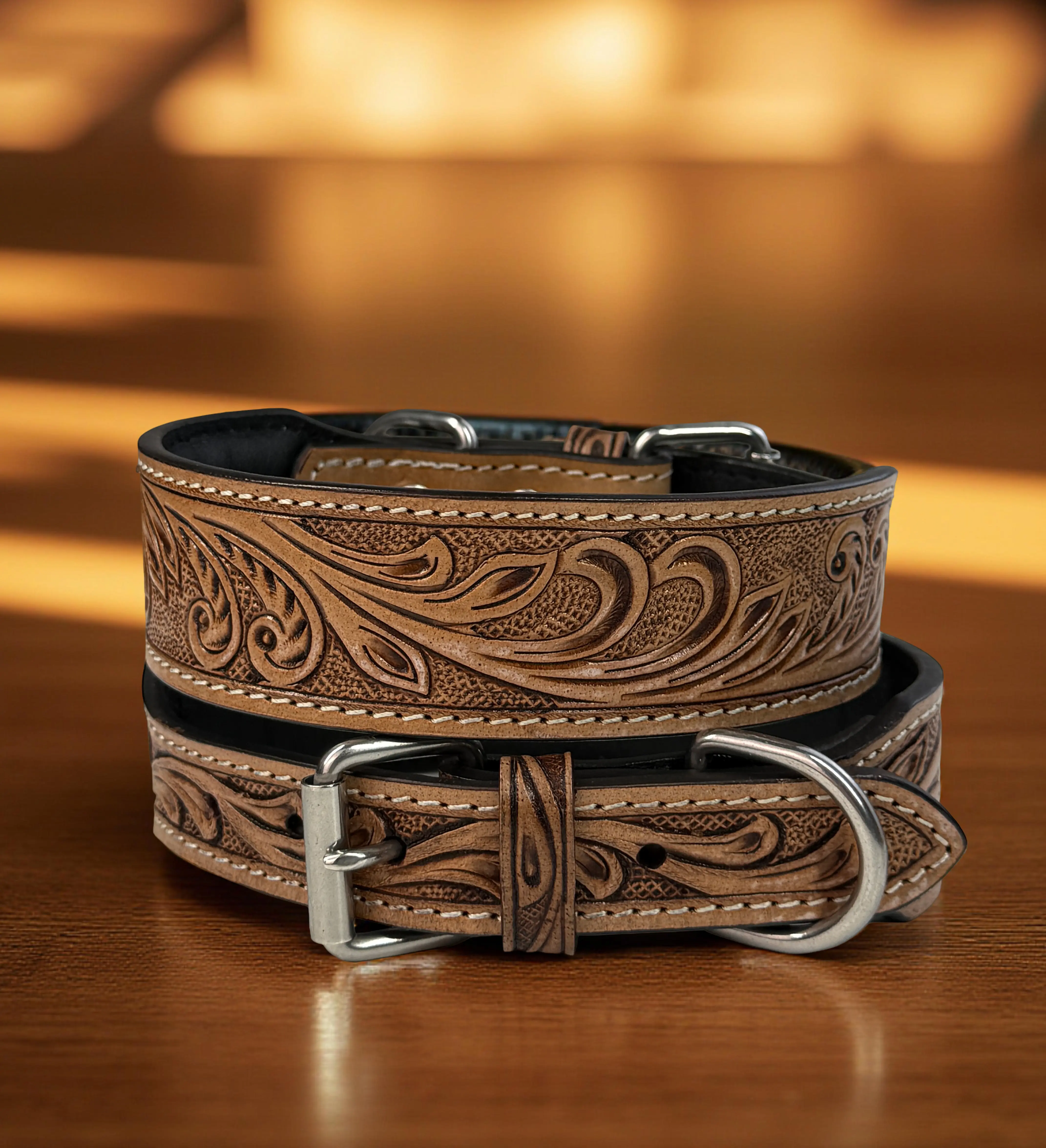 Leather Dog Collar Full grain Leather Handmade Tooled Carved 1.5" wide