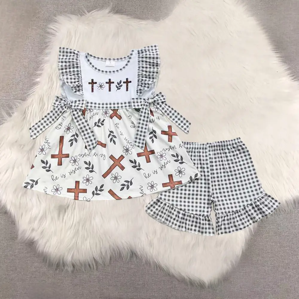 New Clothes Sibling Girls Easter Outfits Cross Floral Tunic Plaid Shorts Set Dress Rompers Spring Fashion Children's Clothing