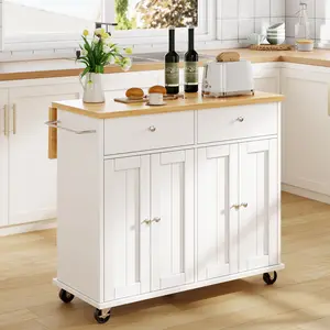 Walsunny 40" Kitchen Islands Carts with Storage Drop Leaf Countertop on Wheels Rolling Microwave Utility Carts with 3 Drawers 1 Storage Cabinets,White