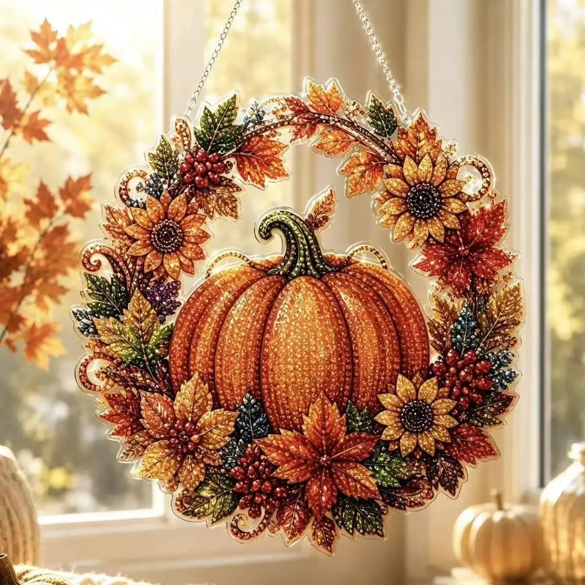 Halloween Floral Colorful Magical Diamond Painting Suncatcher Ornament Kit, Pumpkin Black Cat DIY Craft with Gem Details, Acrylic Window Hanging, Sparkling Fall Home Decor Gift