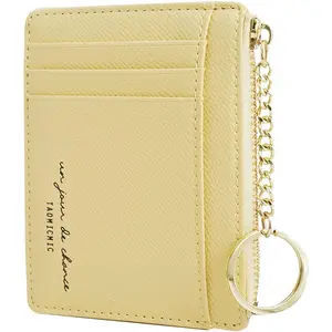 Women Slim Leather Card Case Holder Small Wallet Cute Coin Purse Girl Mini Wallet with Keychain (Yellow)