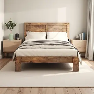 wooden platform Bed Frame Dark Brown Noise Free No Box Spring Needed Easy Assembly Tool Large Under Bed Storage Sturdy Metal Frame Solid Wood Slats Industrial Style living  spaces  bedframe