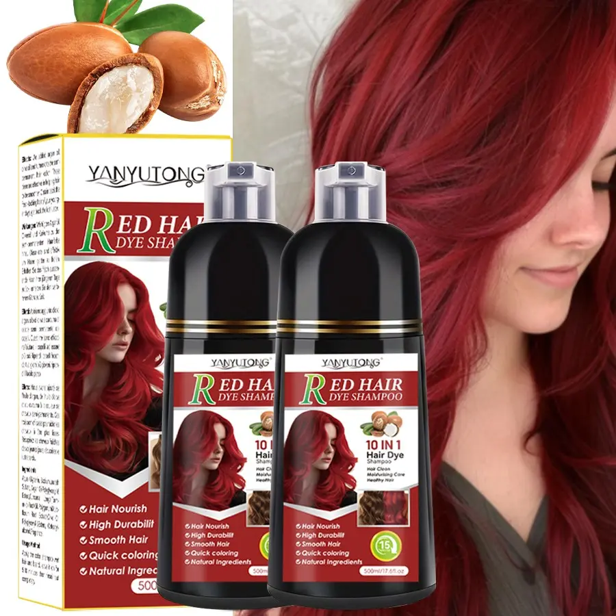 2pcs 500ml red hair dye shampoo, hair dye, Hair Dyeing, Hair Coloring, shampoo and hair care three in one, Haircare, easy to use, gentle and non irritating herbal extract, Natural Ingredients, red hair, more shiny, Glossy, making hair look healthier