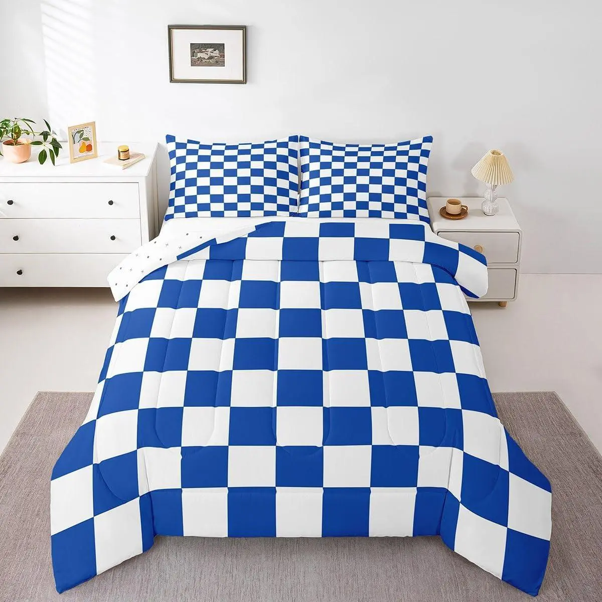 Checkered Retro Bedding Set Women Men Blue White Plaid Comforter Set Geometric Vintage Duvet Insert Modern Simple Groovy Aesthetic Room Decor