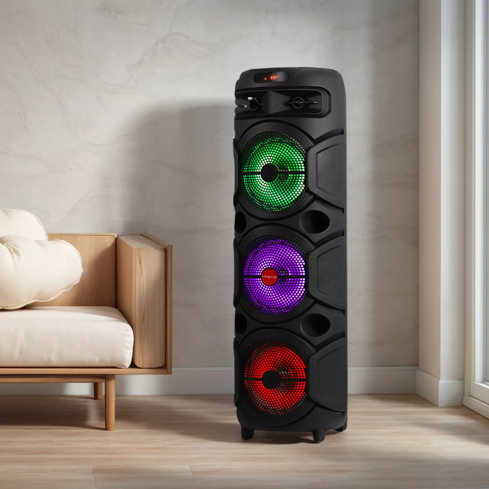 35" Tall Bluetooth Speaker - 3 x 8" Subwoofer, High Power Bass Rechargeable Portable Audio, Multifunctional Wireless Speaker with LED Lights, FM Radio, Microphone, Remote Control
