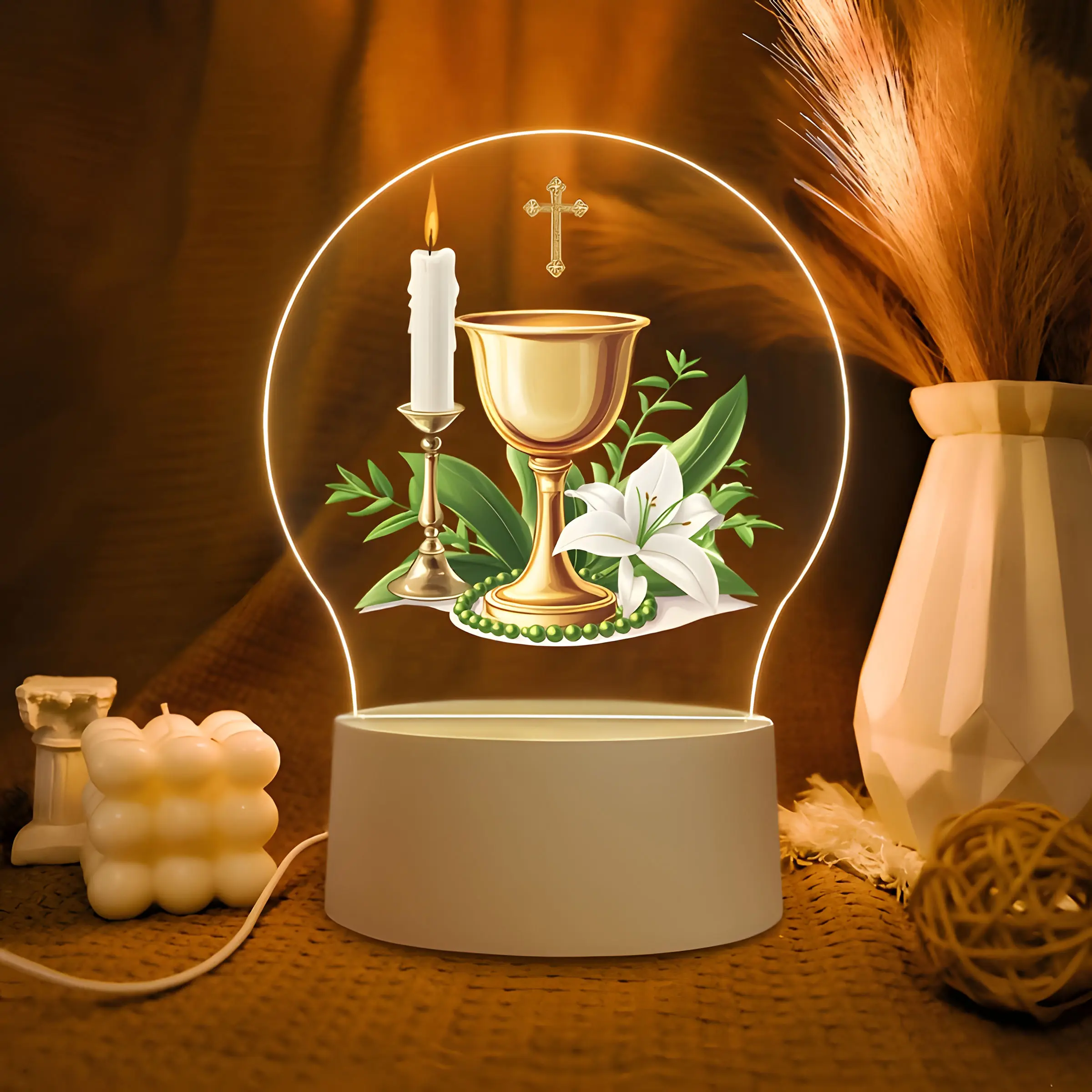 Acrylic LED Night Light, Christian Theme Table Lamp with Chalice, Lily, Cross, Candle, Bible Design, Flower Design Lamp, Church Souvenir Gift