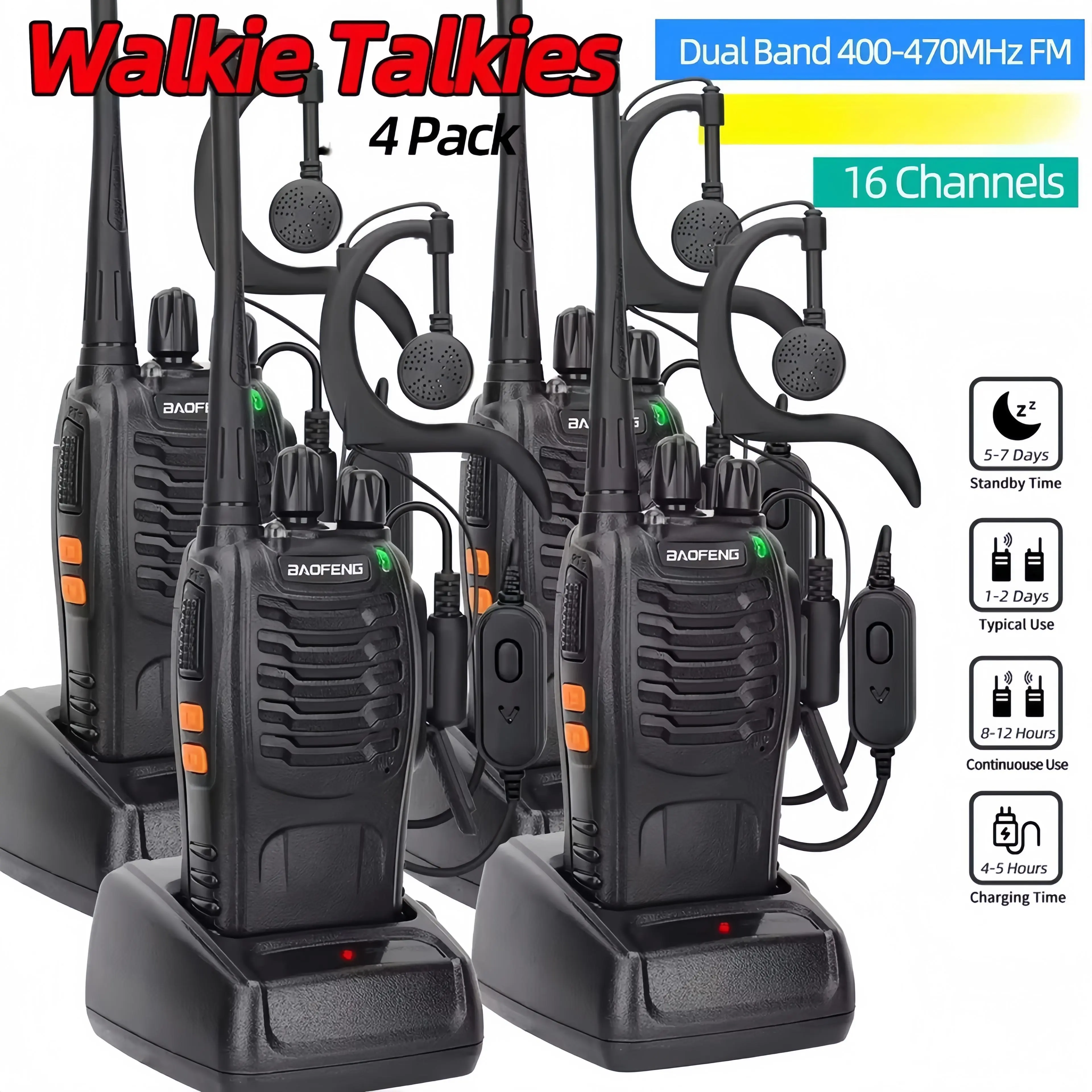 Baofeng BF-888S Whip Antenna Walkie Talkies (2-6Pcs) - UHF Band 400-470MHz Long Range 2-Way Ham Radios Transceiver with 16 Preset, Rechargeable Audio Headset, Plug-In Sound, Durable Noise Remote, Charging Function, Box Pack for Hunting, Hotel Use