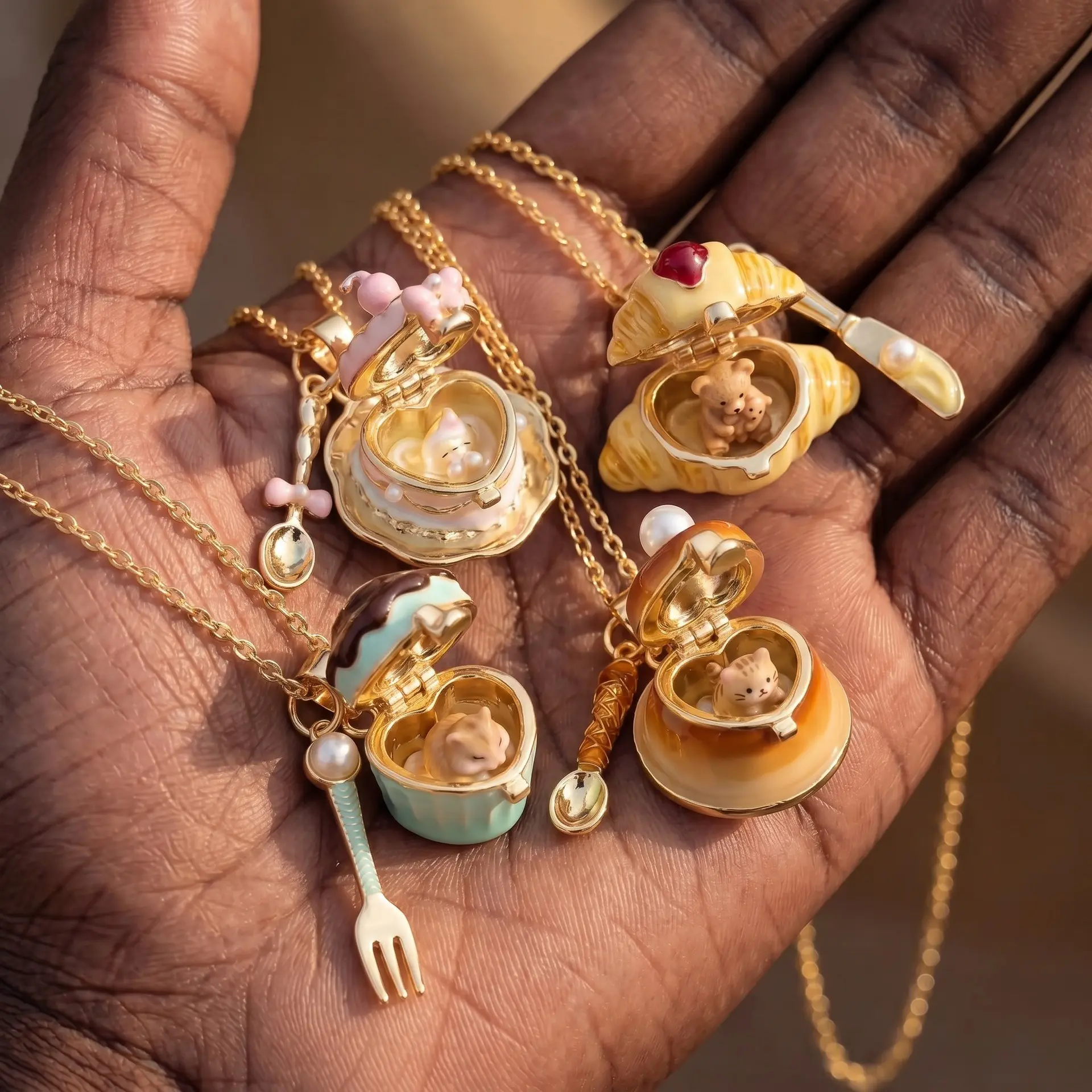 Women's Kawaii Openable Food Locket Necklace - Dainty Gold Chain Pendant with Mini Cat-Bear, Croissant-Cupcake Dessert, Spoon-Fork Accents - Cute Daily Fashion Costume Jewelry Gift