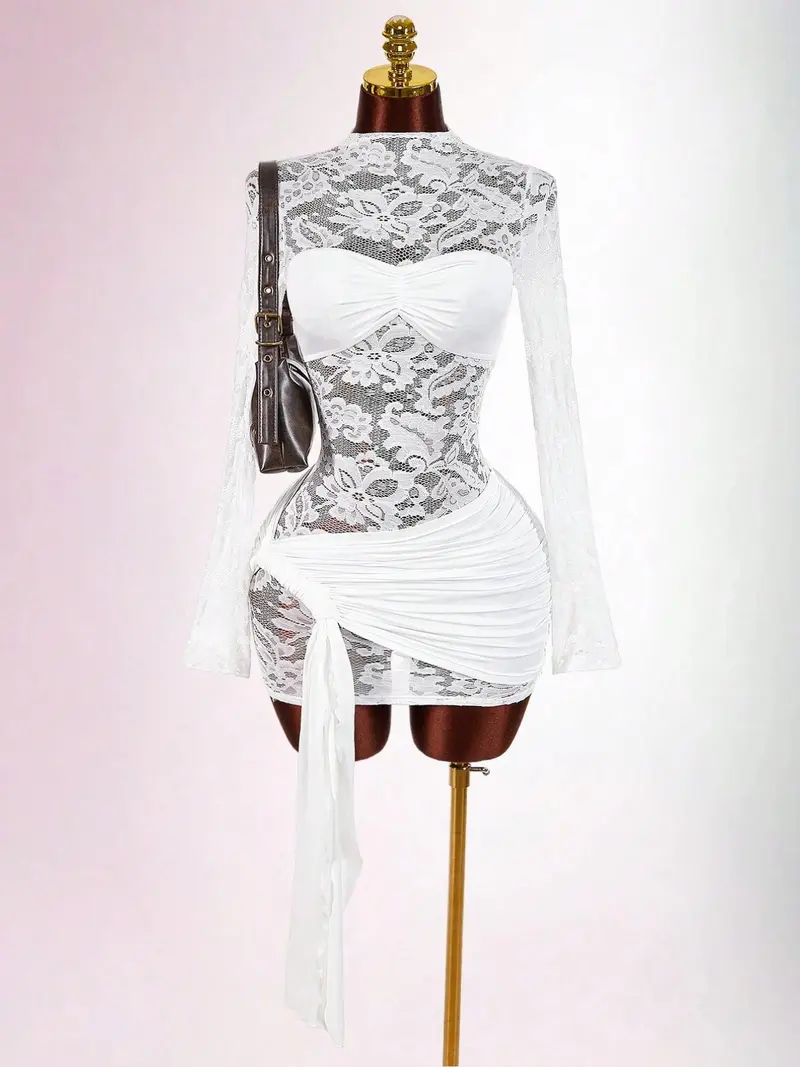 white christmas dresses White Cut Out Lace Mini Dress, Sexy White Long Sleeve Dress, Burning Man Dress, White Party Dress, Burning Man Outfit, White Festival Outfit, S main image 1