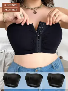 3-Pack Non-Slip Strapless Bra Underwear for Large Bust  Front Buckle Anti-Gravity Tube Top | Seamless Plus Size Fitted Bandeau Bra No Falling Off
