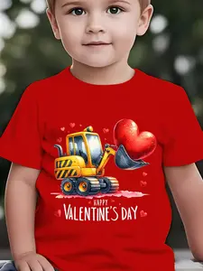 Summer Boys' Fashion Short Sleeve T-Shirt with "HAPPY VALENTINE's DAY" Excavator Holding Heart Cartoon Print, Casual Outdoor