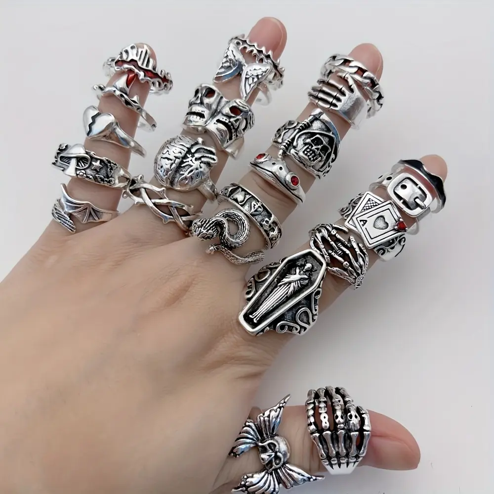 20Pcs Vintage Gothic Silver Ring Set | Skull Spider Eye Cross Stackable Rings | Punk Dark Aesthetic Adjustable Finger Rings for Women Halloween Party Jewelry