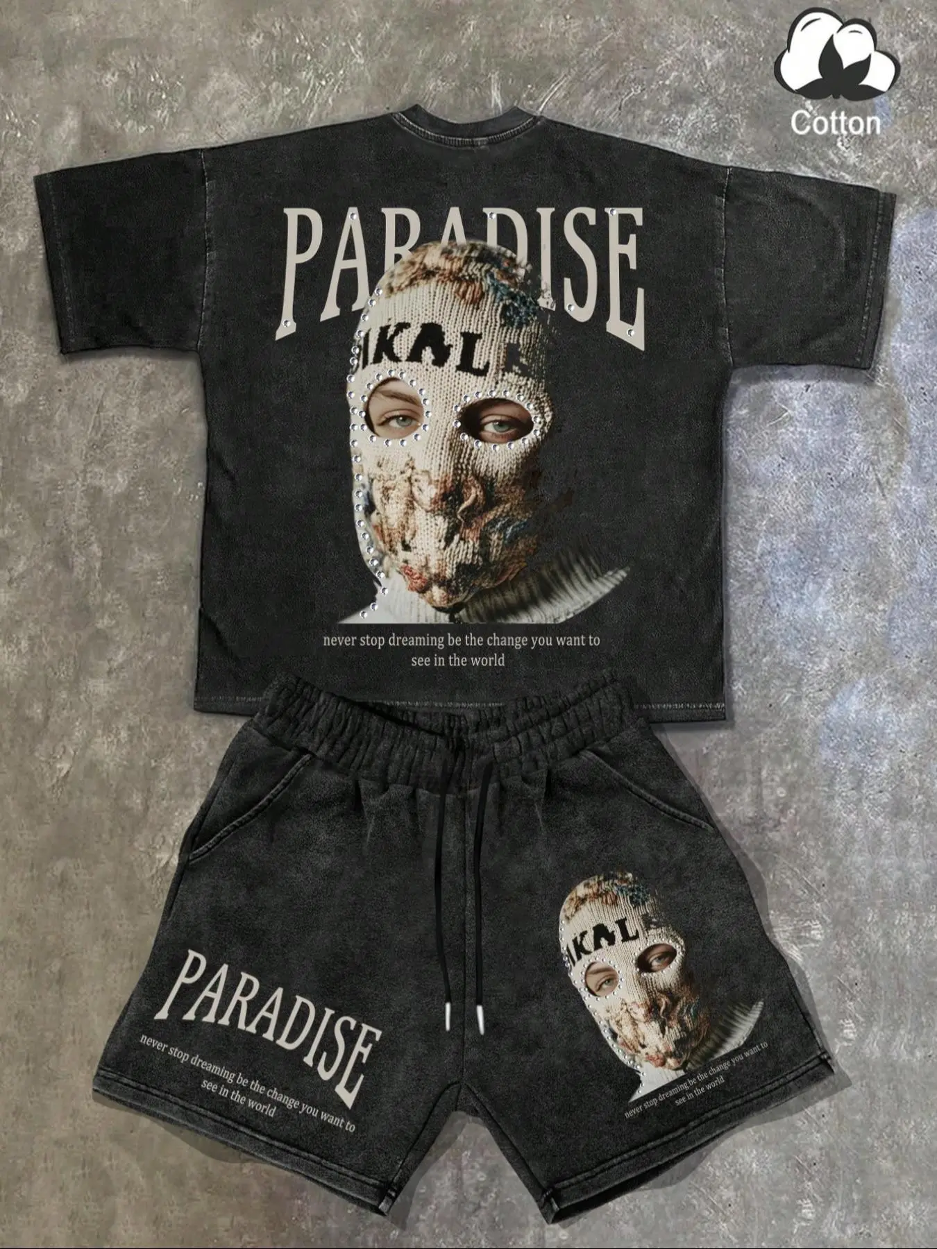 Men's Regular Fit Balaclava & Shorts Pyjama, Casual Comfy Round Neck Graphic Tee & Shorts PJ Set, Men's Sleepwear for Summer Pajamas, Pyjama Sets