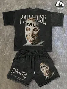 Men's Regular Fit Balaclava & Shorts Pyjama, Casual Comfy Round Neck Graphic Tee & Shorts PJ Set, Men's Sleepwear for Summer Pajamas, Pyjama Sets