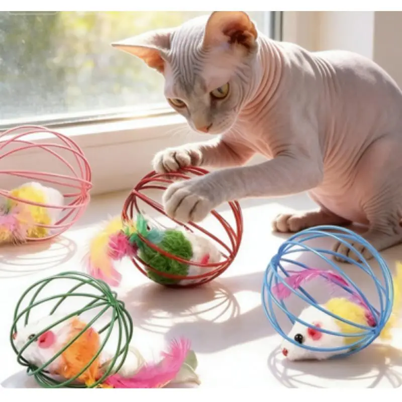 Cat Toy Cage Mouse Teaser Stick with Artificial Feather Tail Mini Ball Self-Entertainment Cat Toy Ball Self-Amusement Teaser Stick Kitten Teaser Artifact Cat Kitten Pet Teething Toy Supplies cat stuff cool cat stuff  cat accessories