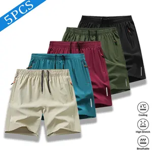 Men’s 5-Pack Ice Silk Quick-Dry Athletic Shorts - High Stretch, Breathable, Slim Fit Apparel, Zipper Anti-Theft Pockets, Reflective Stripes for Running, Workouts