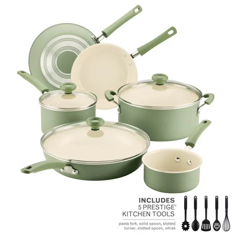 Farberware 14-Piece Easy Clean Ceramic Nonstick Pots and Pans Set Bundle with 5 Prestige Kitchen Tools, Dishwasher Safe Non Stick Cookware Set for Everyday Kitchen Supplies, Non Stick Cookware Sets