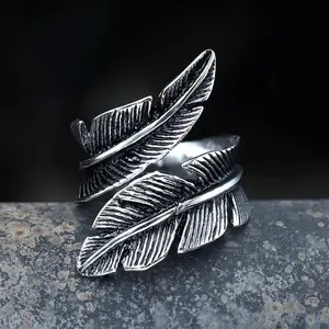 GTHIC Retro Feather Design Stainless Steel Ring for Men Women Daily Wear Fashion Accessories