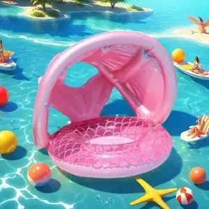 Inflatable Mermaid Tail Swimming Ring with Detachable Sunshade, Thick Soft Sponge Base, Summer Beach Pool Kids Water Toy