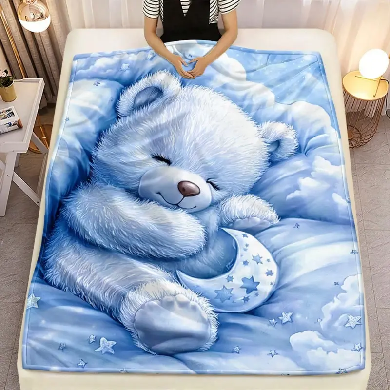 Cute Teddy Bear Portable Blanket - 1-Piece Lightweight Soft Warm Digital Print 2D Flat Fabric Bedding Blanket, Ideal for Travel, Camping