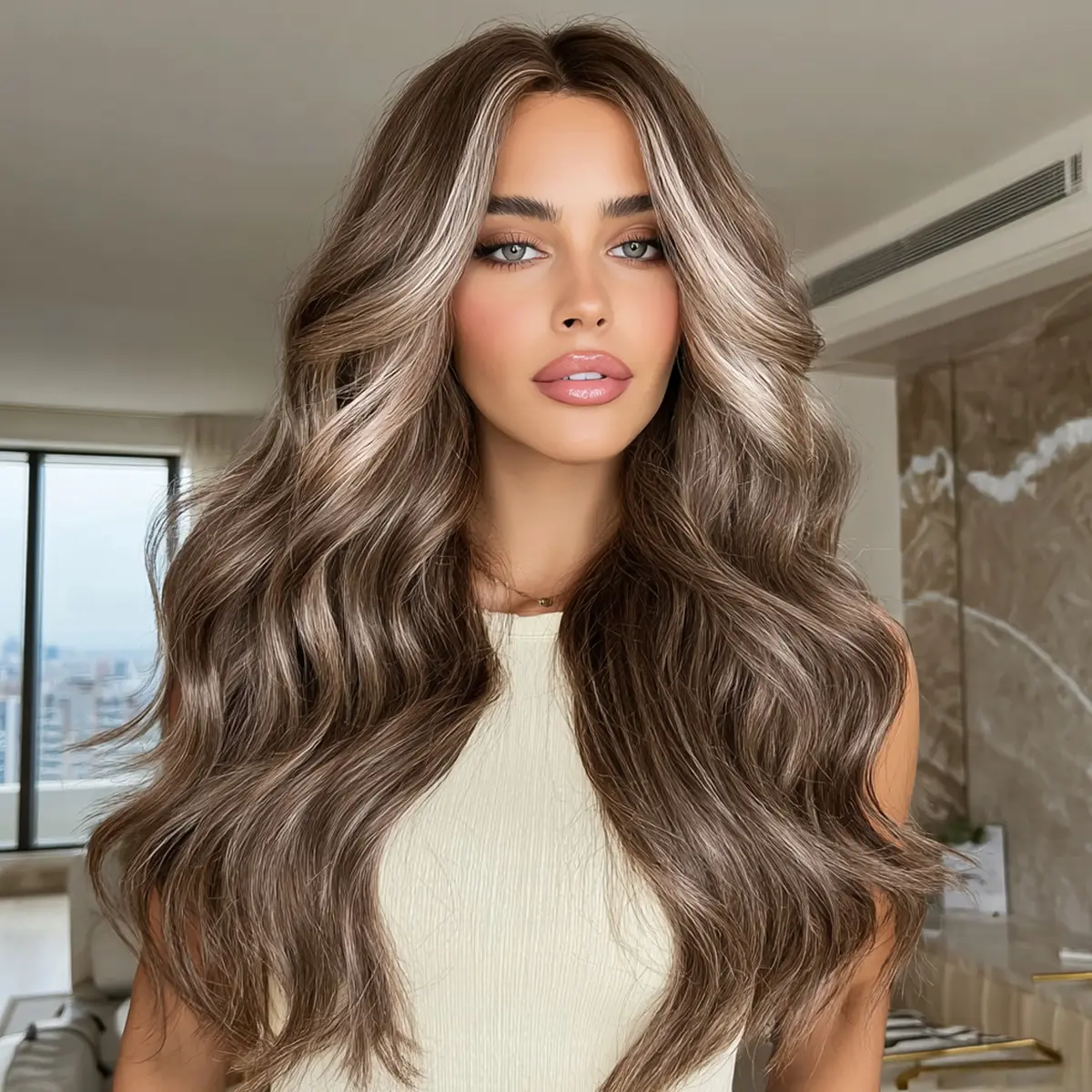 SMILCO/26Inch Highlight Brown with Beige Long Wavy Synthetic Wig/SM381 Wavy Wigs Water Wave Wigs