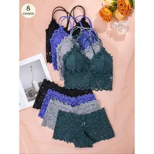 Landa  Women's Contrast Lace Backless Wireless Bra & Panty Underwear Set, Sexy Comfy Breathable Pink Lingerie Set for Daily Wear, Underwear Set for WomenMother's Day