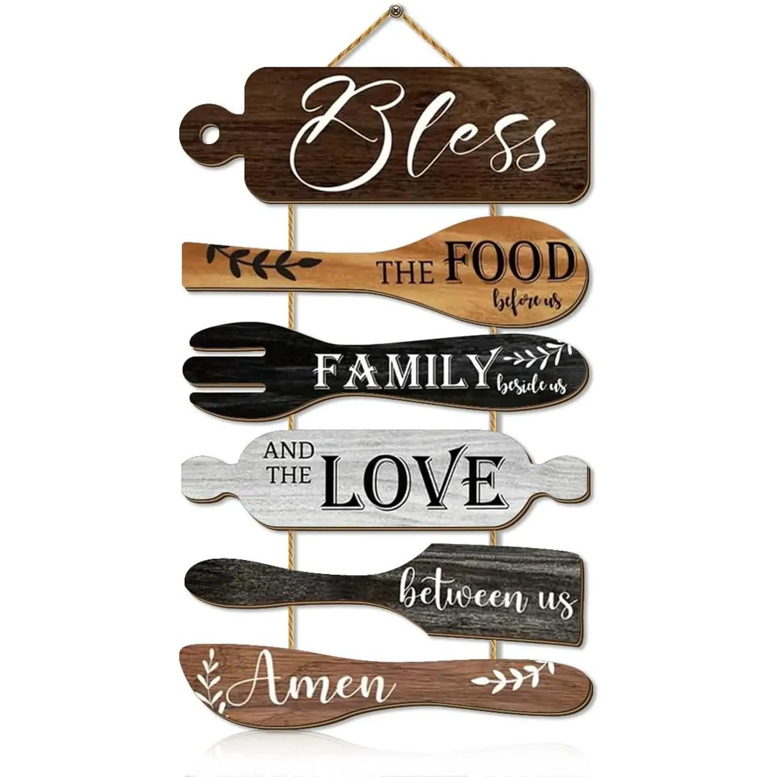 Hanging 6-Piece Farmhouse Kitchen Wall Decor Set - Rustic Wooden Roped Ornaments, 13x21 in Vertical Sign with Vivid Colors for Dining Room Collage, Decorations Set