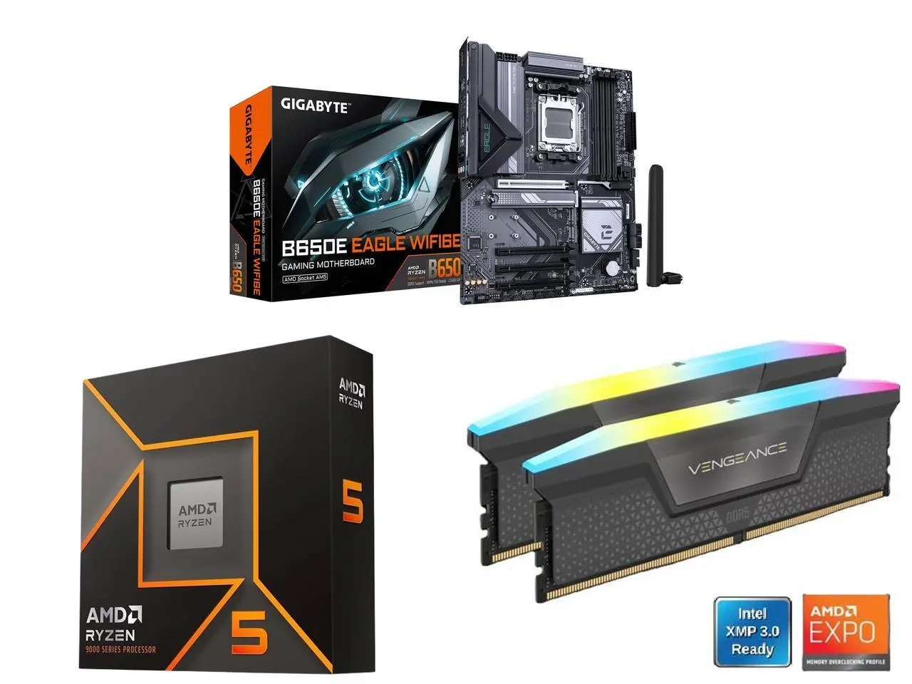 GIGABYTE B650E EAGLE WIFI6E AMD AM5 E-ATX Motherboard, Ryzen 9000/8000/7000, DDR5, 8+2+2 Power Phase, 3x M.2, PCIe 5.0, USB 3.2 Type-C, Wi-Fi 6E; AMD Ryzen 5 9600X 6-Core 3.9 GHz; CORSAIR Vengeance RGB 16GB DDR5 6000 RAM