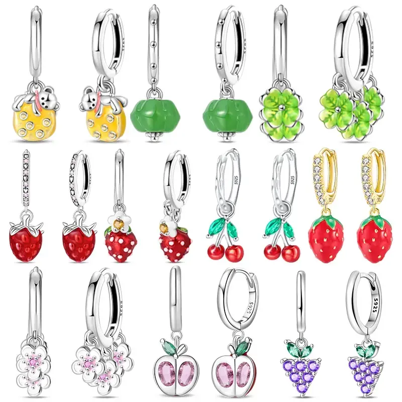 Original Earrings 925 Silver Fruit Series Cherry Strawberry Hoop Earrings Ear Studs Zircon Making Jewelry for Women Girl Party