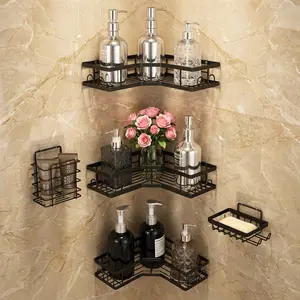 2026 Easter Deals Caddy Corner Shower Storage 5-Piece Set Self-Adhesive Stainless Steel Shelf No Drilling Required Rust-Resistant Bathroom Decor Accessories Apartment Essentials / Dorm Shampoo Body Wash Basket Large Capacity Hollow Round Design