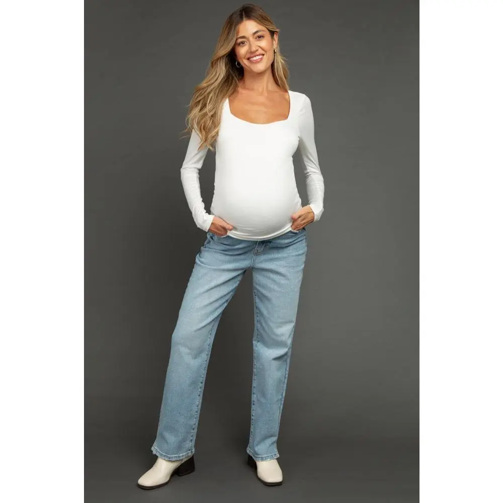 Light Blue Straight Leg Distressed Hem Maternity Jeans