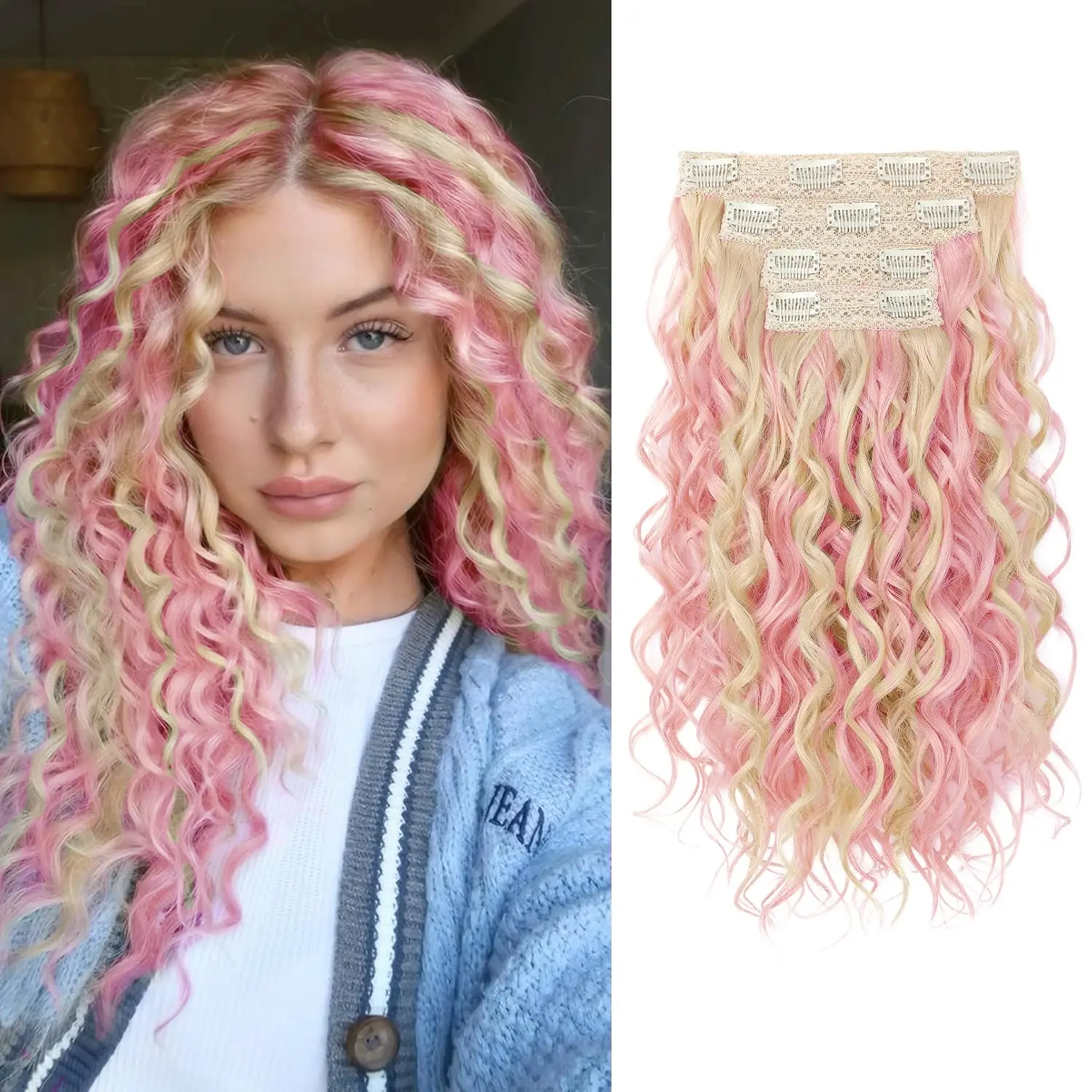 16Inch-Light Pink with Blonde Highlights