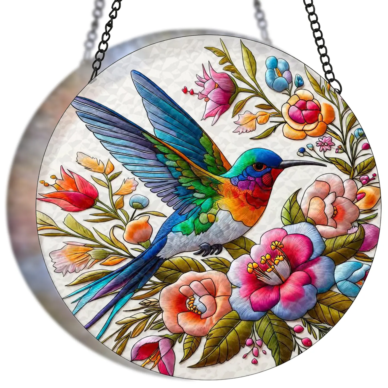 Stained Glass Hummingbird Suncatcher, 7.8in Window Hanging Painted Glass Panel, Indoor Window Wall Art Home Decor Gift with Hummingbirds & Flowers, 7.8 Inches