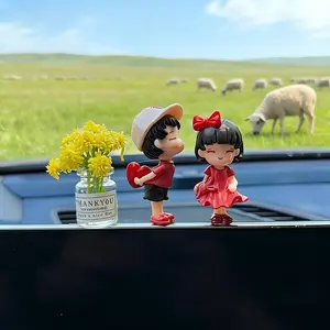 3PCS Cartoon Couple Figurines with Romantic Red Heart & Dress Design Creative Car Interior Decoration for Women & Men Fashion Car Accessories Car Stuff for Girls Teenage Girl Gifts