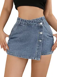 Aswulk Women's High Waisted Button Front Denim Skort Asymmetrical Hem Skirt Shorts
