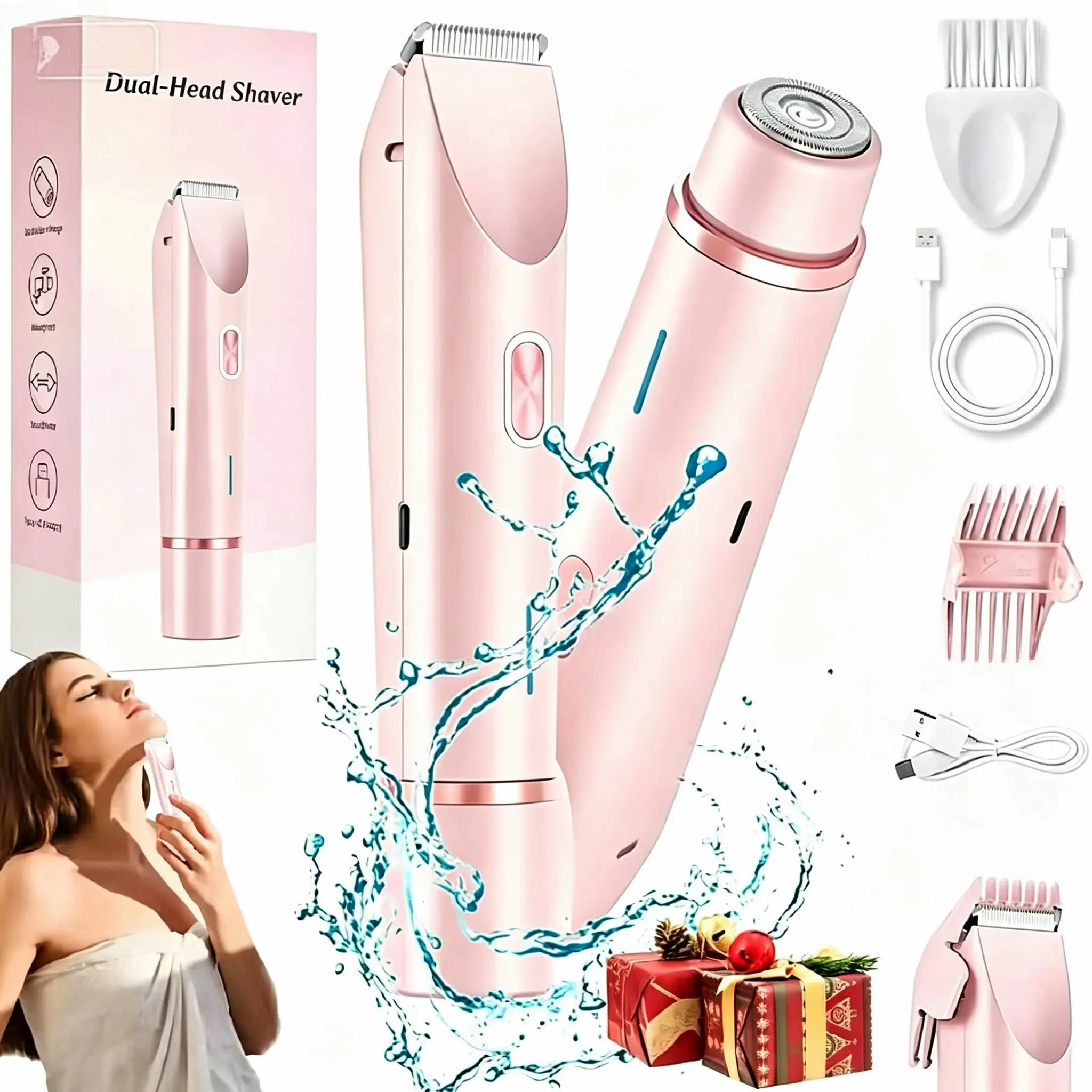 Cordless 2-in-1 Electric Shaver for Women, Waterproof Bikini and Body Hair Trimmer for Legs, Underarms & Face Daily Care, Underarms/Legs, Rechargeable, Face/Body