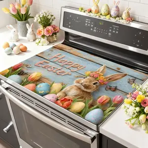 Easter Soft Electric Stove Panel Protector Pad, Rabbit Egg Wood Grain Flower Design, Happy Easter, Scratch Resistant, Easy Clean, Multi-Purpose Kitchen Cover, Spring Decor