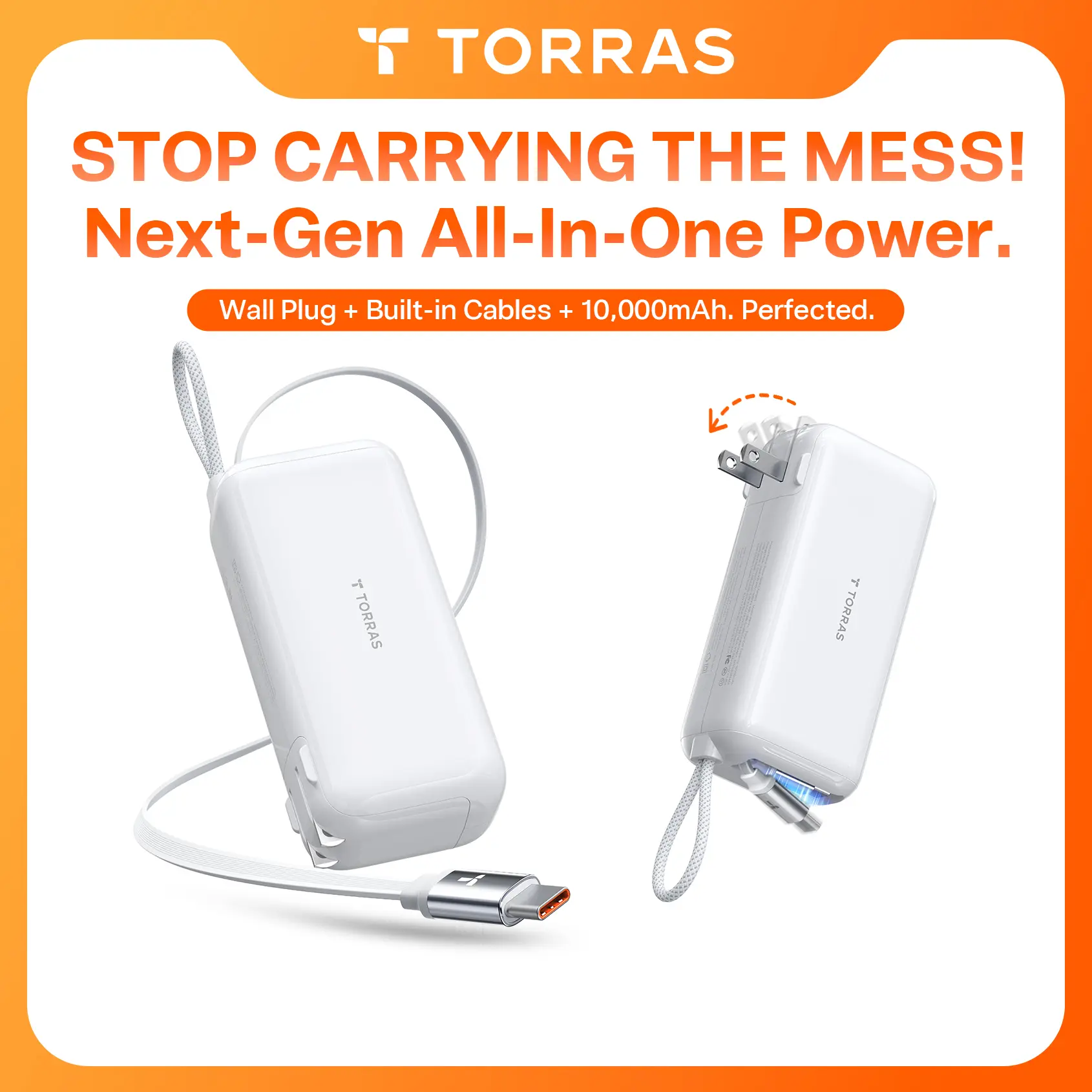 TORRAS EasyGo 10000mAh Portable Charger 45W Fast Charging Power Bank with 39'' Retractable USB-C Cable & Foldable Plug for iPhone 17-12 & iPad Smartphone Accessories, Travel Essential Giftidea summerwins summerwins