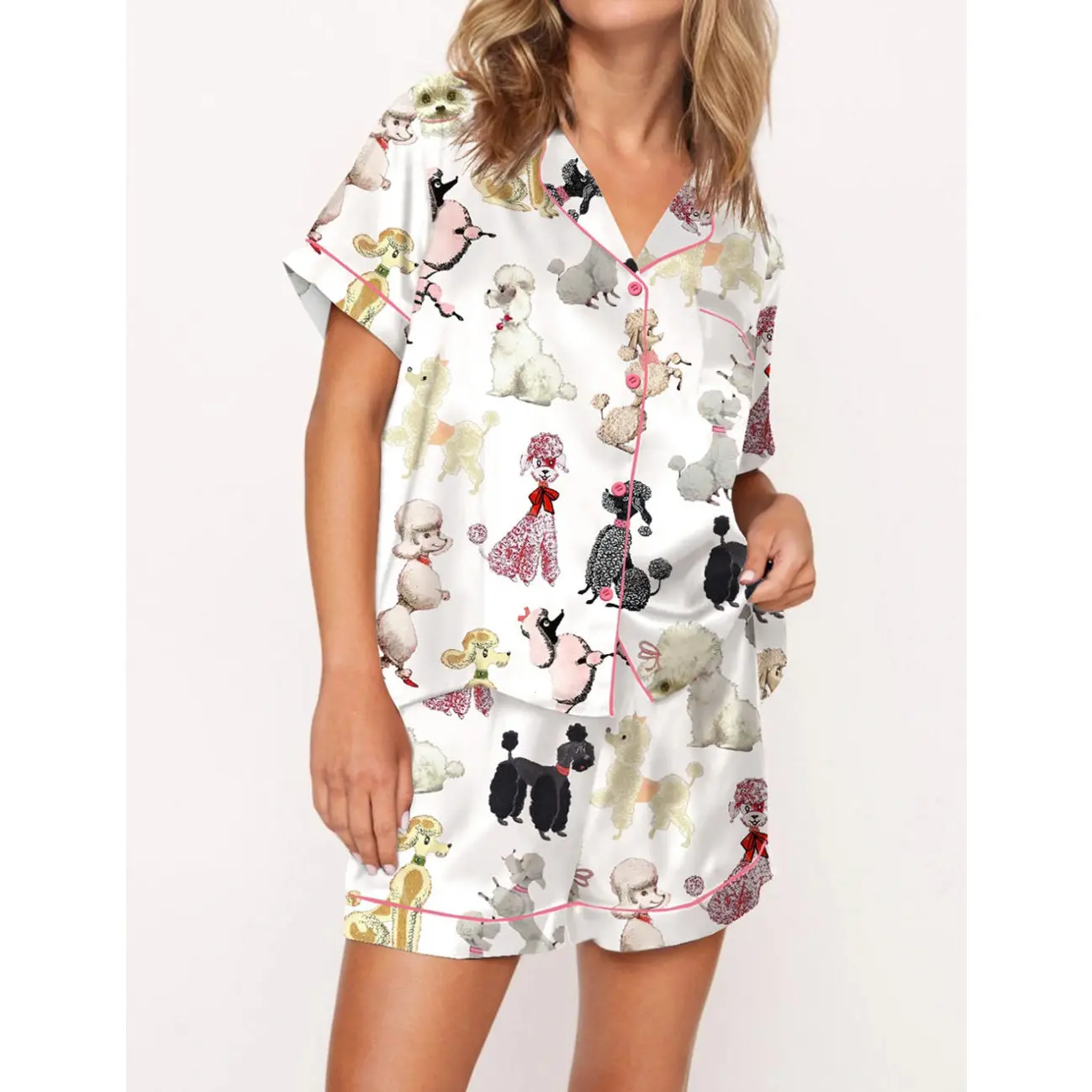 Poodle Cotton Pajama Set for Women - Charming and Cozy Sleepwear for Dog Lovers, Perfect for Pet Playdate Evenings, Dog Park Days, or Relaxed Weekend Mornings