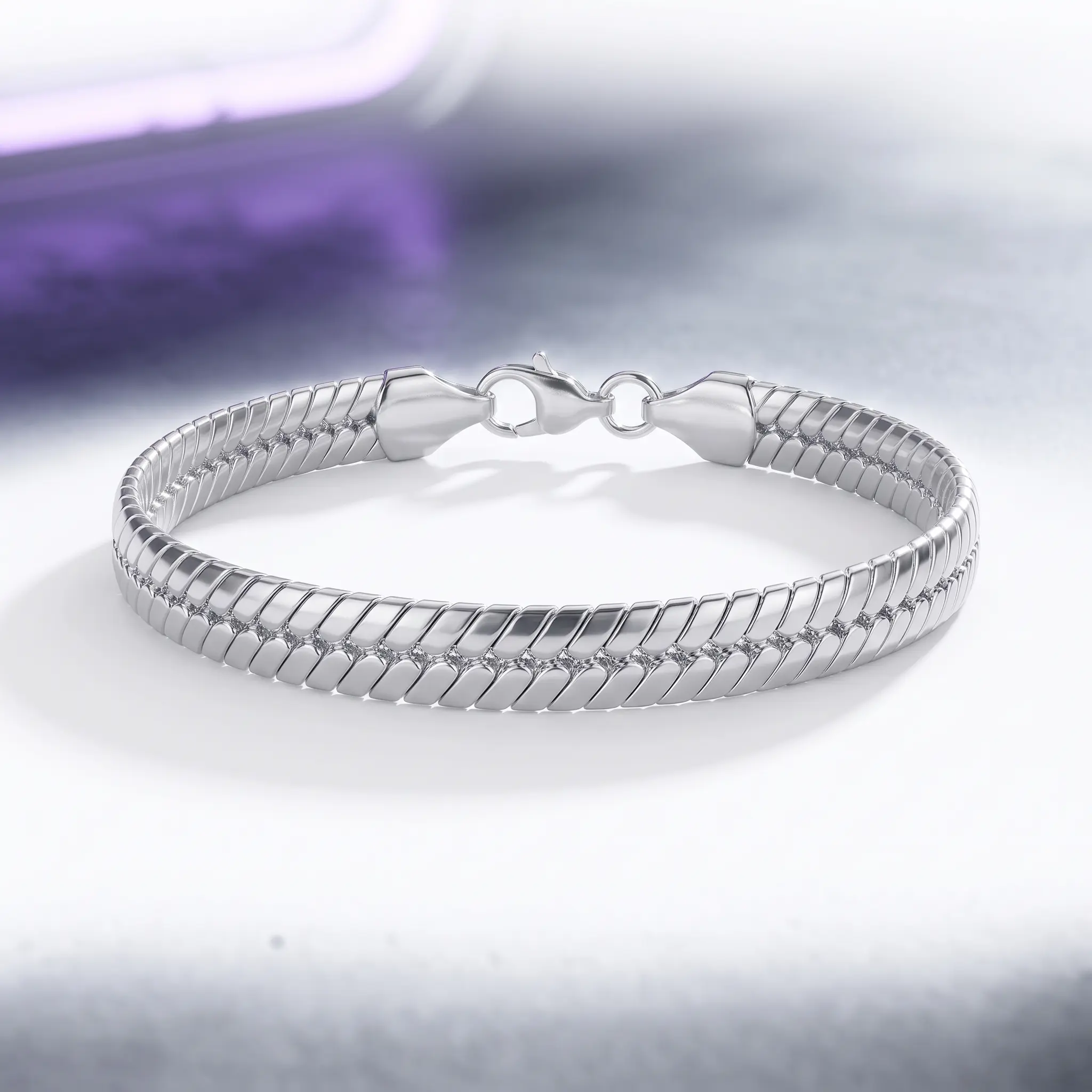 Men's S925 Pure Silvery Flat Snake Chain Bracelet, 20cm/7.87in Bold High-Polished Link Bracelet with Durable Lobster Clasp, Hypoallergenic Industrial Urban Jewelry Gift for Him Boyfriend Husband Dad