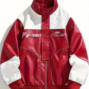 Men's Letters Print Color Blocking Lapel Collar PU Leather Jacket Cool Street Style Retro Classic Racer Motorcycle Streetwear Collared Coats Long Sleeve Fitted All Seasons