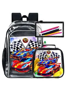 Kids Race Car Clear School Backpack Set, Transparent See-Through Bag with Lunch Bag & Pencil Case, Lightweight Durable Backpack for Boys