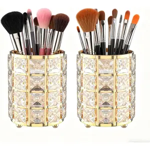Makeup Brush Holder with Golden Crystal Bling – Elegant Vanity Organizer for Brushes, Pens & Pencils, Ideal for Bathroom or Office Countertop(2Pack)