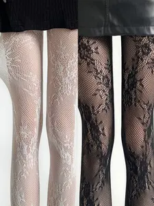 Plus size Two pairs of women's thin, Fit, Breathable, Stretchy, solid-color, openwork floral lace fishnet stockings, available in a variety of colors including black, purplish-red, and white. Womenswear