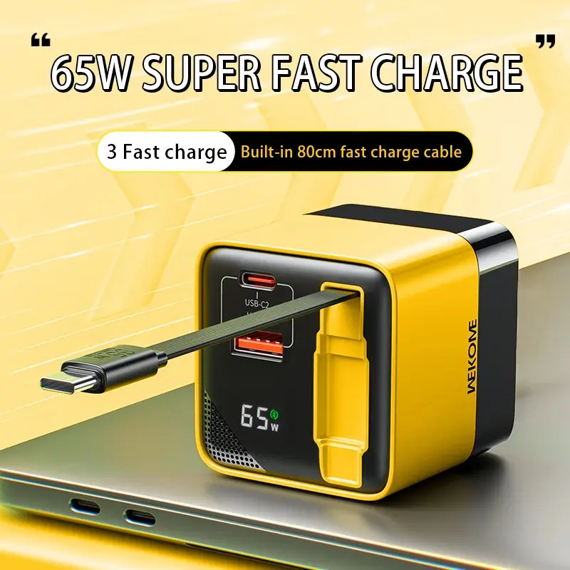 65W GaN USB-C Super Fast Charger with Built-in 80CM Type-C Cable - PD 27W Support, Compact Travel-Friendly Electronic Charger for Smartphone, Cellphone, iPhone 15 Pro Max, Samsung Devices