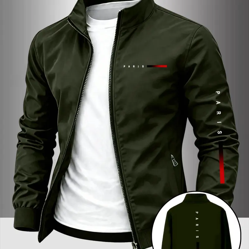 Men's Paris City Theme Stand Collar Jacket Business Casual Windproof Coat, Smooth Zipper Luxury Letter Print, Daily Commute, Light Sports, Collared Coats, Casual Fashion Jacket, Fashionable Jacket