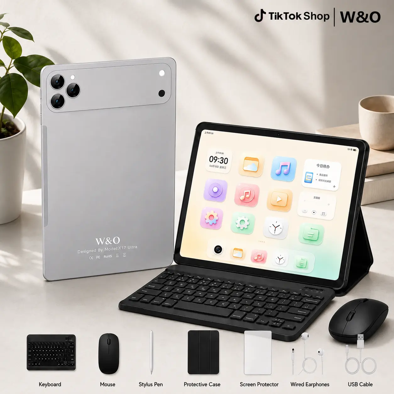 【TikTokShopBackToSchool】W&O X17 Ultra & X26 Max Android 15 Tablets, 10.1/10.95-Inch, 8GB/12GB RAM, 256GB Storage, SIM & microSD Support, Bluetooth Keyboard Mouse Case Stylus Bundle smart gift Screen Rear Memory Local Expandable Expandable Camera Wireless
