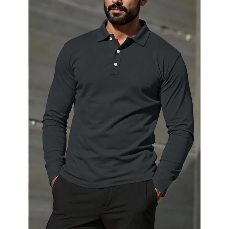 Homme Men's Casual Everyday Button-Front Half-Placket Long Sleeve Polo Shirt, Autumn