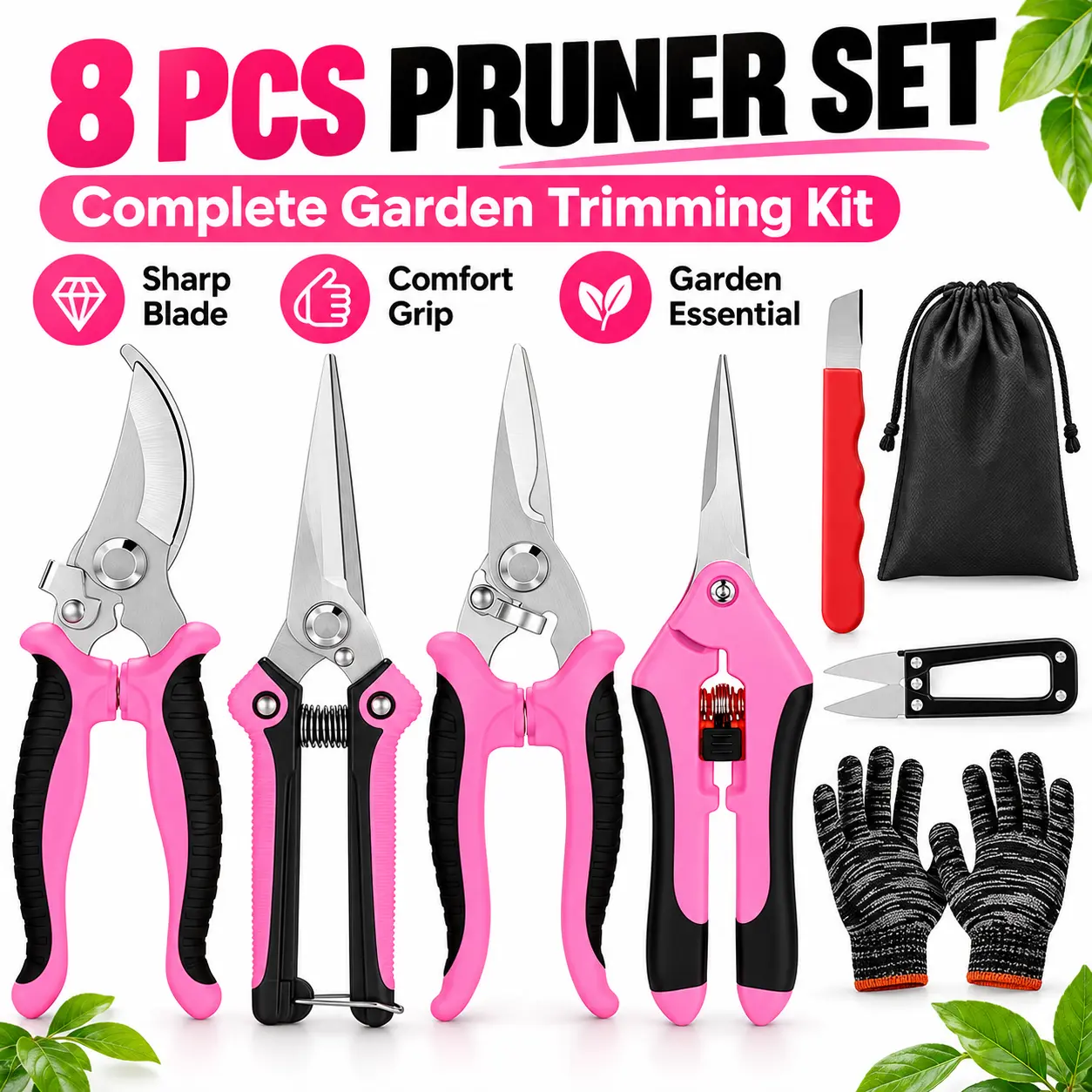 8PCS Garden Pruning Shears Set, Hand Pruners & Pruning Snips, Gardening Tools Kit with Sharp Blades, Spring-Loaded Handles for Trimming Plants, Flowers & Branches